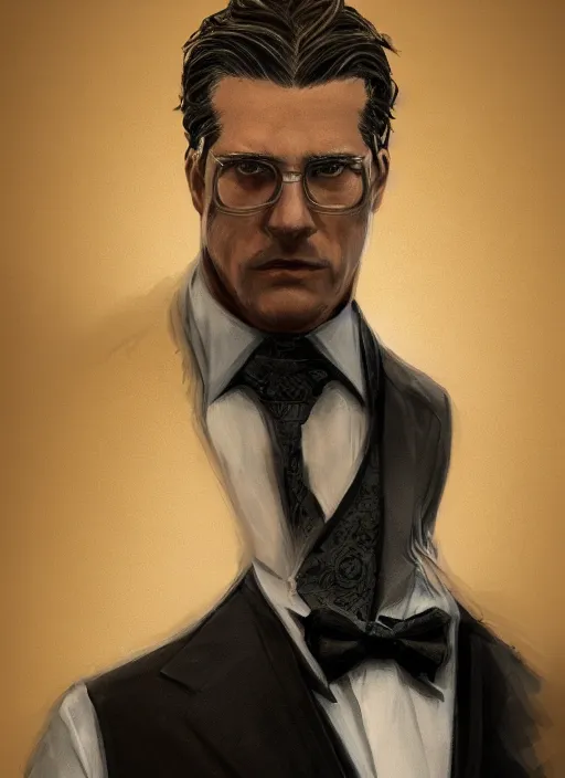 Prompt: a highly detailed illustration of 5 4 year - old clean - shaven chubby white man wearing black detective coat with necktie, heroic pose, strings background, intricate, elegant, highly detailed, centered, digital painting, artstation, concept art, smooth, sharp focus, league of legends concept art, wlop.