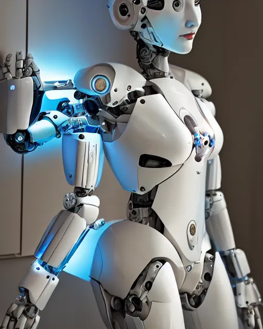 Prompt: blissful young woman with solarpunk mecha humanoid robotic parts with bright led lights, pudica pose gesture, by michelangelo, in white room, ultra - realistic and intricate, hdr 8 k