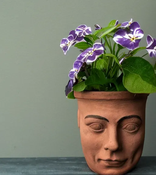 Image similar to flower pot with the face of a young Buster Keaton. Prominent cheek bones, gaunt, handsome, terracotta flowerpot growing African violets