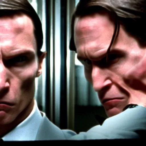 Image similar to a still of a Draconian in the American Psycho (2000), doing the Bateman stare, cinematic still, 4K Bluray