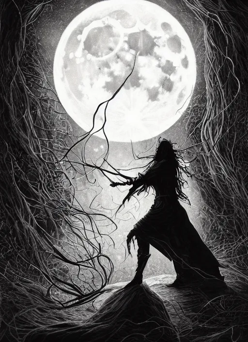 Image similar to portrait, silhouette of a witch in front of the full big moon, book cover, dramatic lighting, cinematic, establishing shot, extremly high detail, foto realistic, cinematic lighting, pen and ink, intricate line drawings, by Yoshitaka Amano, Ruan Jia, Kentaro Miura, Artgerm, post processed, concept art, artstation, matte painting, style by eddie mendoza, raphael lacoste, alex ross