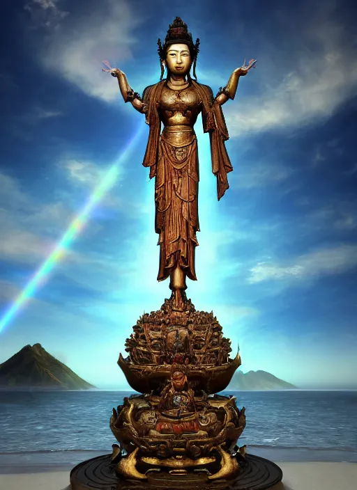 Image similar to guanyin stand on big loutus, a godness of the southern seas, a realistic setting with muted colors, visual novel cover, by yoshitaka amano, zeng fanzhi, jane hamilton, tiffany studios, sunrays shine uponit, frostbite 3 engine, cryengine, dof, trending on artstation, digital art, fantasy detailed background