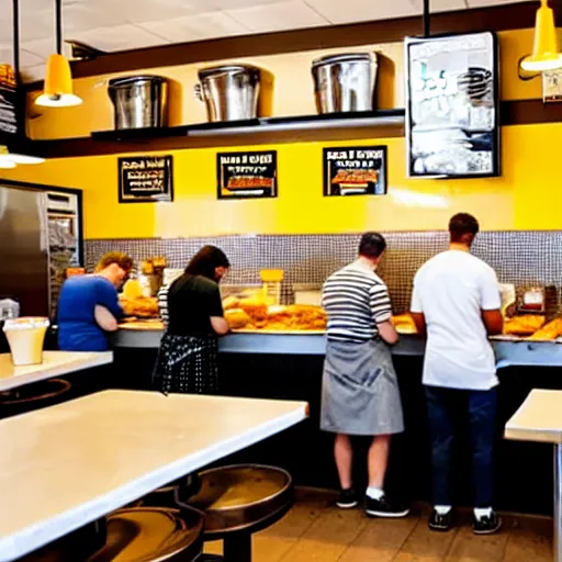 Image similar to busy wafflehouse interior with customers eating breakfast and wafflehouse employees serving food and cooking behind countertop