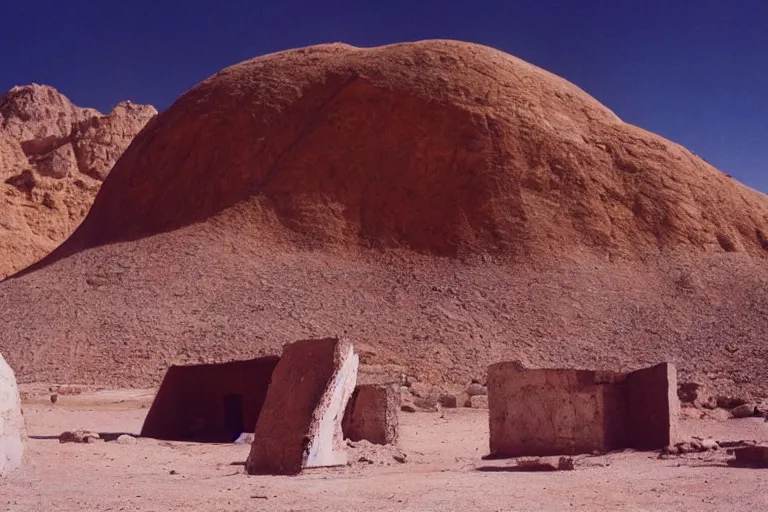 Prompt: film still of esoteric gigantic prehuman building in the desert, by Étienne-Louis Boullée, ektachrome full-HD