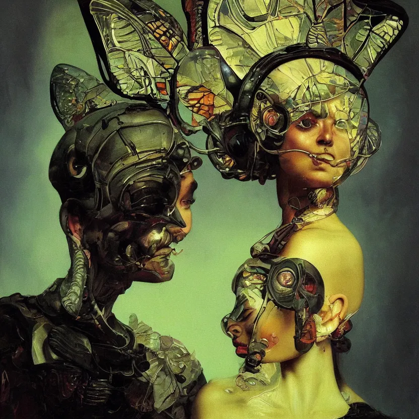 Prompt: a neoclassicist close - up portrait of a an otherworldy person with retrofuturistic butterfly headwear. iridescent reflective alien textures. foggy forest black background. highly detailed science fiction painting by norman rockwell, frank frazetta, syd mead and moebius. rich colors, high contrast, gloomy atmosphere, dark background. trending on artstation.