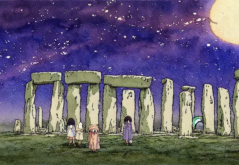 Image similar to a simple watercolor studio ghibli movie still fantasy concept art of stonehenge. a giant squid from princess mononoke ( 1 9 9 7 ) is in the sky. it is a misty starry night. by rebecca guay, michael kaluta, charles vess