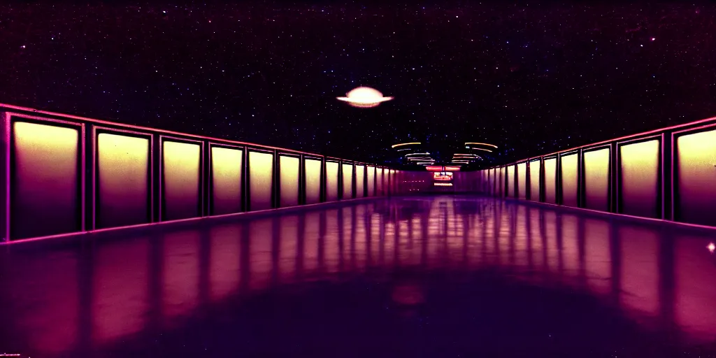 Prompt: interior shot of a space port at night, retro punk, cinematography by Jim Jarmusch, composition by Hale Woodruff,in the style of robert doisneau, soundtrack by Aphex Twin, background by Moebius.