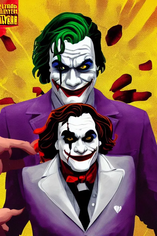 Image similar to joaquin phoenix joker comic book cover issues 2 0, justify content center, delete duplicate object content!, violet polsangi pop art, gta chinatown wars art style, bioshock infinite art style, incrinate, realistic anatomy, hyperrealistic, 2 color, white frame, content balance proportion