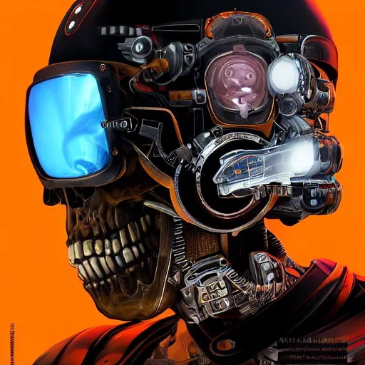 Image similar to a portrait of an cyborg vintage skull no teeth in an orange racing helmet by sandra chevrier, detailed render, epic composition, cybernetics, 4 k realistic, cryengine, realistic shaded lighting, sharp focus, masterpiece, by matteo scalera, gary montalbano, peter elson in the style of the tokyo ghost comic