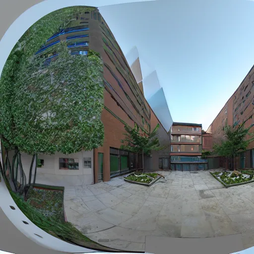 Prompt: equirectangular photograph building courtyard