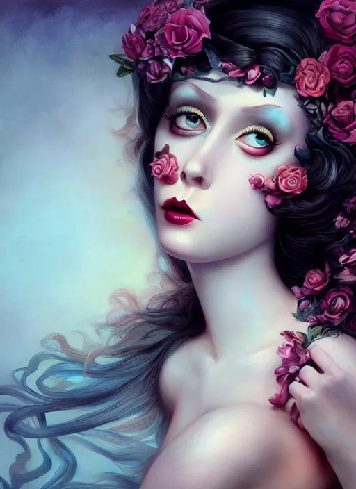 Image similar to pop surrealism, lowbrow art, realistic beautiful seductive girl painting, flowing gown, hyper realism, muted colours, rococo, natalie shau, loreta lux, tom bagshaw, mark ryden, trevor brown style,