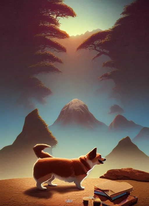 Prompt: Twin Peaks poster artwork by Michael Whelan and Tomer Hanuka, Rendering of a cute corgi on a tropical beach, full of details, early morning light, sunrise, golden hour, by Makoto Shinkai and thomas kinkade, Matte painting, trending on artstation and unreal engine