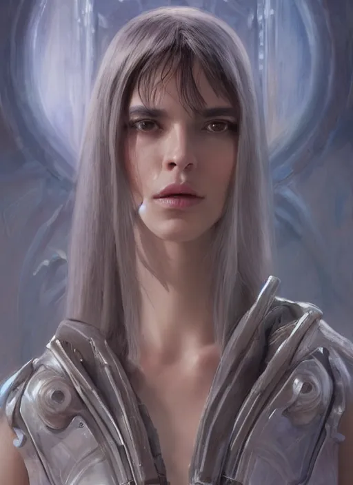 Image similar to a professional painting of a beautiful young female alien, clothed in ethereal armor, olive skin, long dark hair, beautiful bone structure, symmetrical facial features, intricate, elegant, digital painting, concept art, smooth, sharp focus, illustration, from Valerian and the City of a Thousand Planets, by Ruan Jia and Mandy Jurgens and Artgerm and William-Adolphe Bouguerea