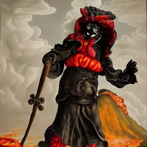 Image similar to a highly detailed pulcinella with a pizza margherita, black mask, full body, volcano in background, lava and smoke, ominous, detailed painting by arturo faldi, trending on deviantart, octane, masterpiece, masqua