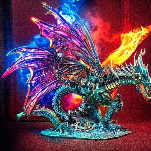 Image similar to cyberpunk dragon made of psychedelic particle effects breathing a flame of clockwork and gears, high detail, glossy finish