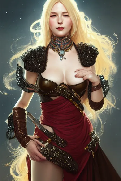 Prompt: Portrait of seductive female bard, D&D, revealing stylish dress like leather armor, choker on neck, long blonde or red hair, mouth slightly open, slight nerdy smile, fantasy, intricate, elegant, highly detailed, digital painting, artstation, concept art, smooth, sharp focus, illustration, art by artgerm and greg rutkowski and alphonse mucha