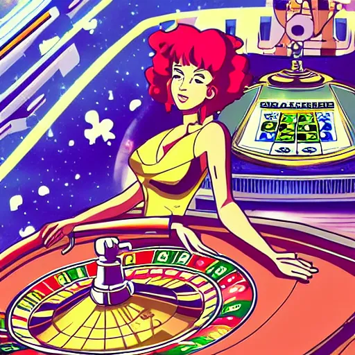 Prompt: a casino in space, drawn in the style of cowboy bebop,