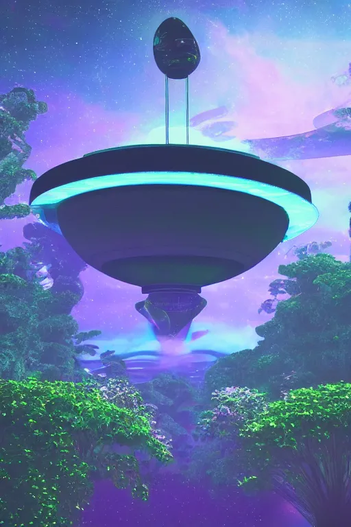 Image similar to multi level botanical garden spaceship floating in space, calm, tranquil, faded effect, detailed, vaporwave colors, render by substance designer