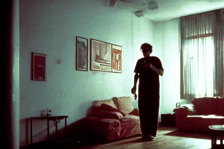 Image similar to old israeli apartment, todd solondz drinking alone, smoking, vaporwave colors, state of melancholy, romantic, dimmed lights, realistic