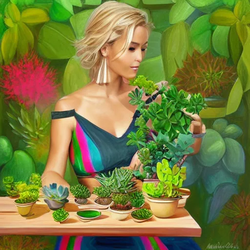 Image similar to painting by Artgerm of a beautiful blonde woman with shoulder length hair in a forest green dress putting colorful succulents into rainbow pots at a square table