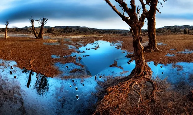 Image similar to beautiful panorama of many magnificent big upside-down raindrops filling a perfect cloudless blue sky full above a dried up river, desolate land, dead trees, blue sky, hot and sunny highly-detailed, elegant, dramatic lighting, artstation, 4k, cinematic landscape, masterpiece photograph by Elisabeth Gadd, National Geographic