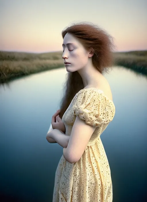 Image similar to Kodak Portra 400, 8K, soft light, volumetric lighting, highly detailed, sharp focus,britt marling style 3/4, Close-up portrait photography of a beautiful woman how pre-Raphaelites a woman with her eyes closed is surrounded by water +symmetrical frontal top view face, with the nape in the water. a beautiful lace dress and hair are intricate with highly detailed realistic beautiful flowers , Realistic, Refined, Highly Detailed, natural outdoor soft pastel lighting colors scheme, outdoor fine art photography, Hyper realistic, photo realistic