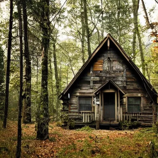 Image similar to an eerie cabin in the middle of the woods,