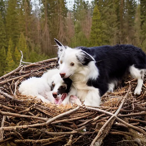 Prompt: a border collie protecting a baby eagle and human infant who are both in a nest in a forest, beautiful, golden hour, impressionist