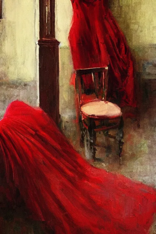 Image similar to an empty red dress laid across a chair in a dark victorian era room. in the style of american impressionism painting.