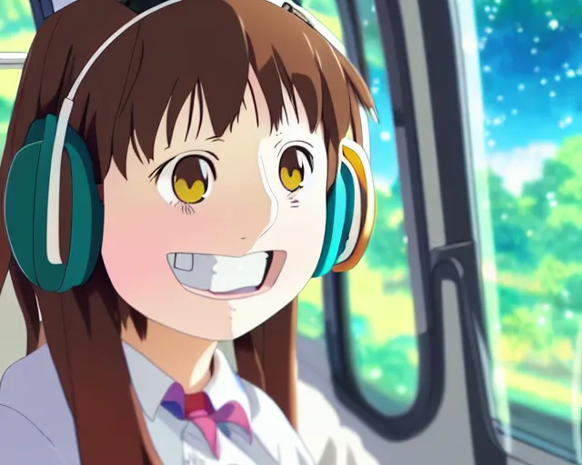 Image similar to anime fine details portrait of joyful girl in headphones in school bus, bokeh. anime masterpiece by Studio Ghibli. 8k render, sharp high quality anime illustration in style of Ghibli, artstation