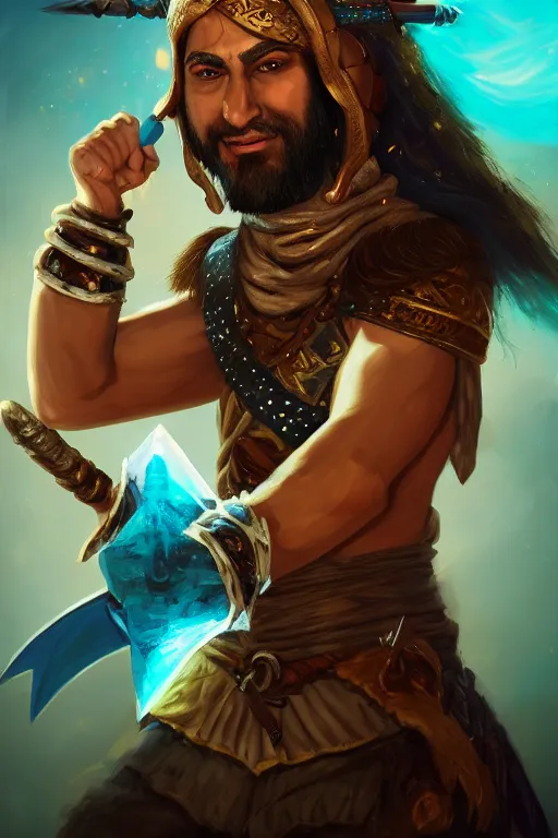 Prompt: ! dream character portrait of ahmad jannati as magic barbarian with a third eye on the forehead and body warpaint, dungeons and dragons cover artwork, dynamic composition, dramatic lighting, trending on artstation, award winning art, stylized painting by sophie anderson, leonardo da vinci and raphael, concept art, 4 k, 8 k, gold and teal color scheme
