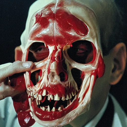 Image similar to filmic extreme wide shot dutch angle movie still 35mm film color photograph of a doctor with his head severed in half, sliced in half at the mouth, dripping blood, in the style of anatomy photography