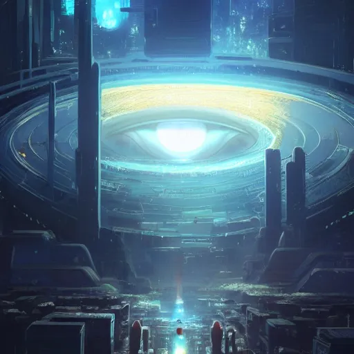 Prompt: anime style, futuristic, dystopian, population gathering below gigantic rectangular deep-onyx colored monolith megastructure with golden all-seeing eye of providence centered looking down from sky, bright spotlight coming from eye, miyazaki, Craig Mullins, nausicaa, Shinkai Makoto, Nihei Tsutomu, hyper maximalist, dystopian, hyper detail, 8k, octane render, epic composition, beautiful, landscape, dramatic lighting golden ratio, cinematic