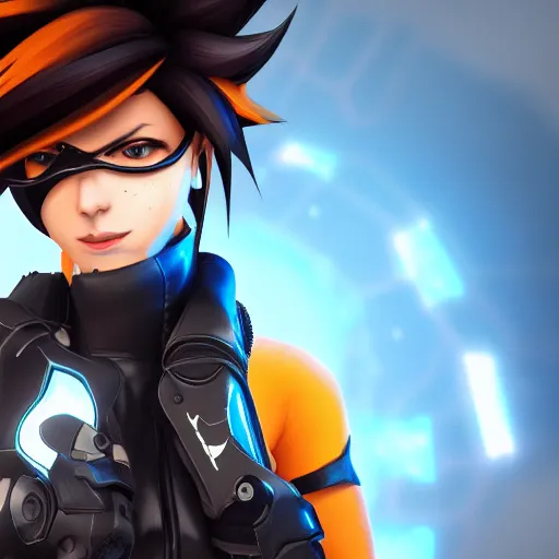 Image similar to digital artwork of tracer from overwatch wearing a black outfit, black lipstick and black eye makeup, 4 k, highly detailed artwork