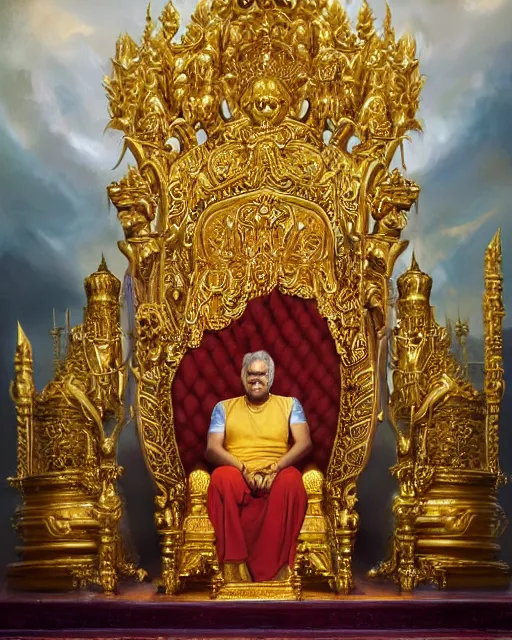 Prompt: oil painting of Ranil Wickramasinghe, sitting on golden throne, wearing golden crown, proud look, full body, sharp focus, fantasy style, octane render, volumetric lighting, 8k high definition, by greg rutkowski, highly detailed, trending on art Station, magic the gathering artwork, woodland backround