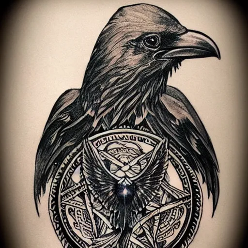 Prompt: raven mystic occult, symbolism mythos, highly detailed line tattoo, real tattoo, realistic realism, design concepts