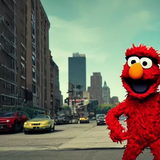 Image similar to of Elmo from sesame street dressed up as a rapper in New York City, highly detailed, 4K, moody lighting, 90’s vibe, 3d render, octane redshift, 8k