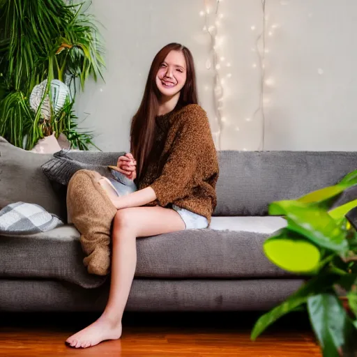 Prompt: a cute young woman smiling, long shiny bronze brown hair, full round face, green eyes, medium skin tone, light cute freckles, smiling softly, wearing casual clothing, relaxing on a modern couch, interior lighting, cozy living room background, medium shot, mid-shot, soft focus