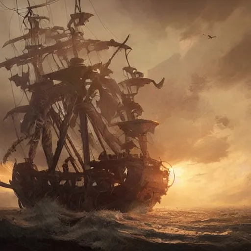 Image similar to detailed pirate ship made out of feathers by greg rutkowski, enigmatic atmosphere, beautiful and cinematic lighting, artstation hq.