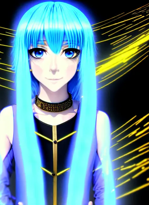 Image similar to a hologram of rimuru tempest, sky blue hair, golden eyes, wearing a black stylish jacket, pixiv 3 d render, holography, irridescent, covered by baroque bedazzled ornamental frames