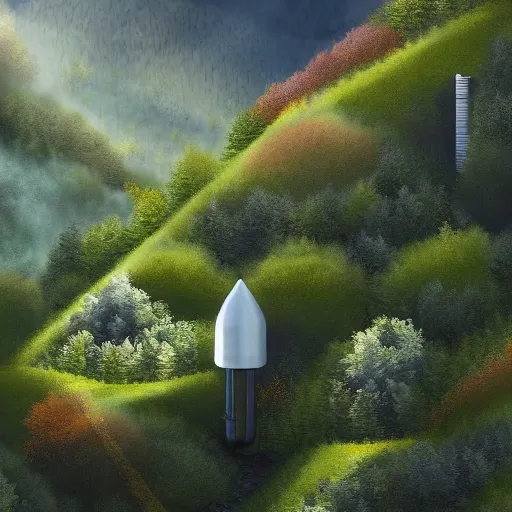 Image similar to vertical farms and white sci - fi nuclear microreactor in a steep sided valley with trees, a sense of hope and optimism, hyper realistic, high res, 4 k, warm light, edouard groult, bynde, kirill leonov