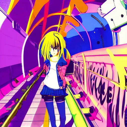 Prompt: anime girl with colorful clothes, eccentric hairstyle, cel - shading, 2 0 0 1 anime, flcl, jet set radio future, golden hour, underground facility, underground tunnel, pipes, rollerbladers, rollerskaters, cel - shaded, jsrf, strong shadows, vivid hues, y 2 k aesthetic