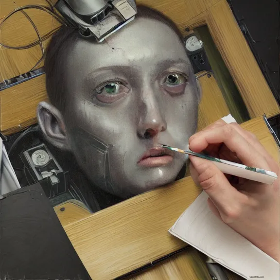 Image similar to robot artist painting a self - portrait on a canvas. intricate, highly detailed, photorealistic, film still, by vdragan bibin.