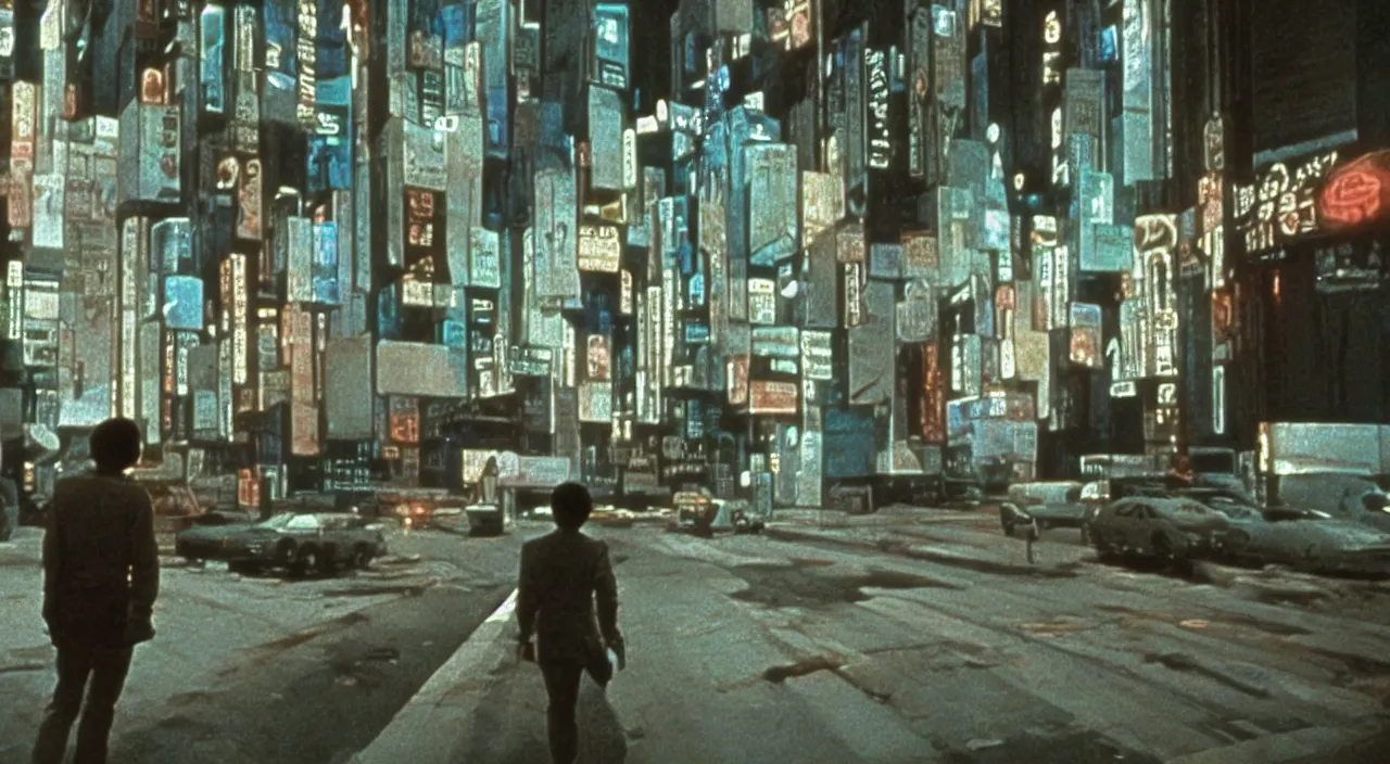 Image similar to Still from a captivating movie by Stanley Kubrick about a terrifying cyberpunk dystopia, One-Point Perspective, 35mm film