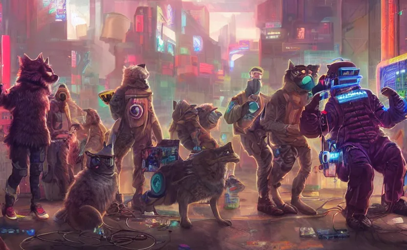 Image similar to high - resolution photograph from a cyberpunk era furry fandom convention ( midwest furfest 2 0 4 7 ), taking place after the genetic revolution and quantum singularity. photorealistic.