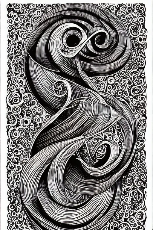 Prompt: infinity spiral negative space black linework on beige paper, illustration, intricate, highly detailed, art by Joe Fenton