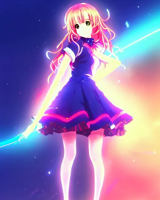 Image similar to anime style, vivid, expressive, full body, 4 k, painting, a cute magical girl idol with a long wavy hair wearing a dress, correct proportions, stunning, realistic light and shadow effects, neon lights, studio ghibly makoto shinkai yuji yamaguchi