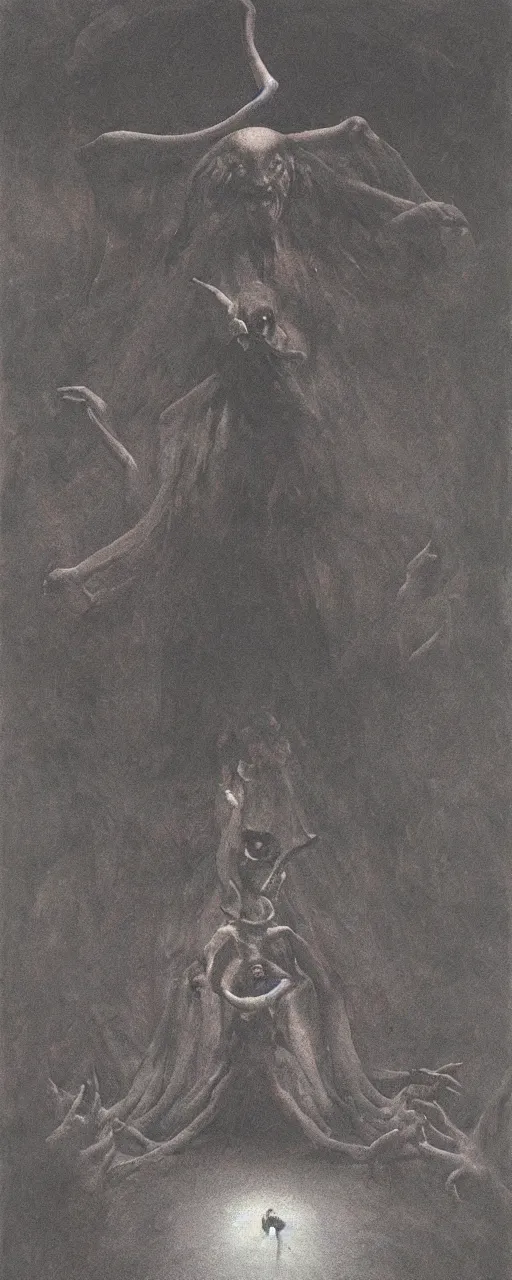 Image similar to Child summoning a demon, pentagram, dark house, painted by Zdzisław Beksiński