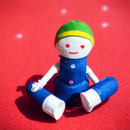Image similar to an adorable simple ball jointed vejigante doll lovingly crafted by hand at the park, bright and colorful, wearing little festive overalls, worms eye view, macro camera lens, cinematic, focus