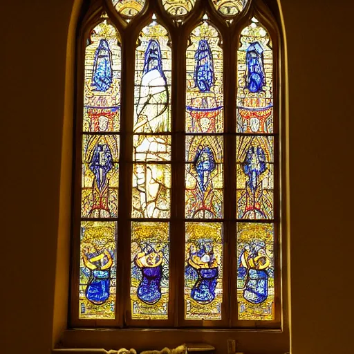 Prompt: photo, sunlight coming through a beautiful stained glass window in a dark hallway, with ray showing, intricate details, extremely high quality, diffused sunlight, moody lighting, real camera, real photo, 8 k, full subject in shot